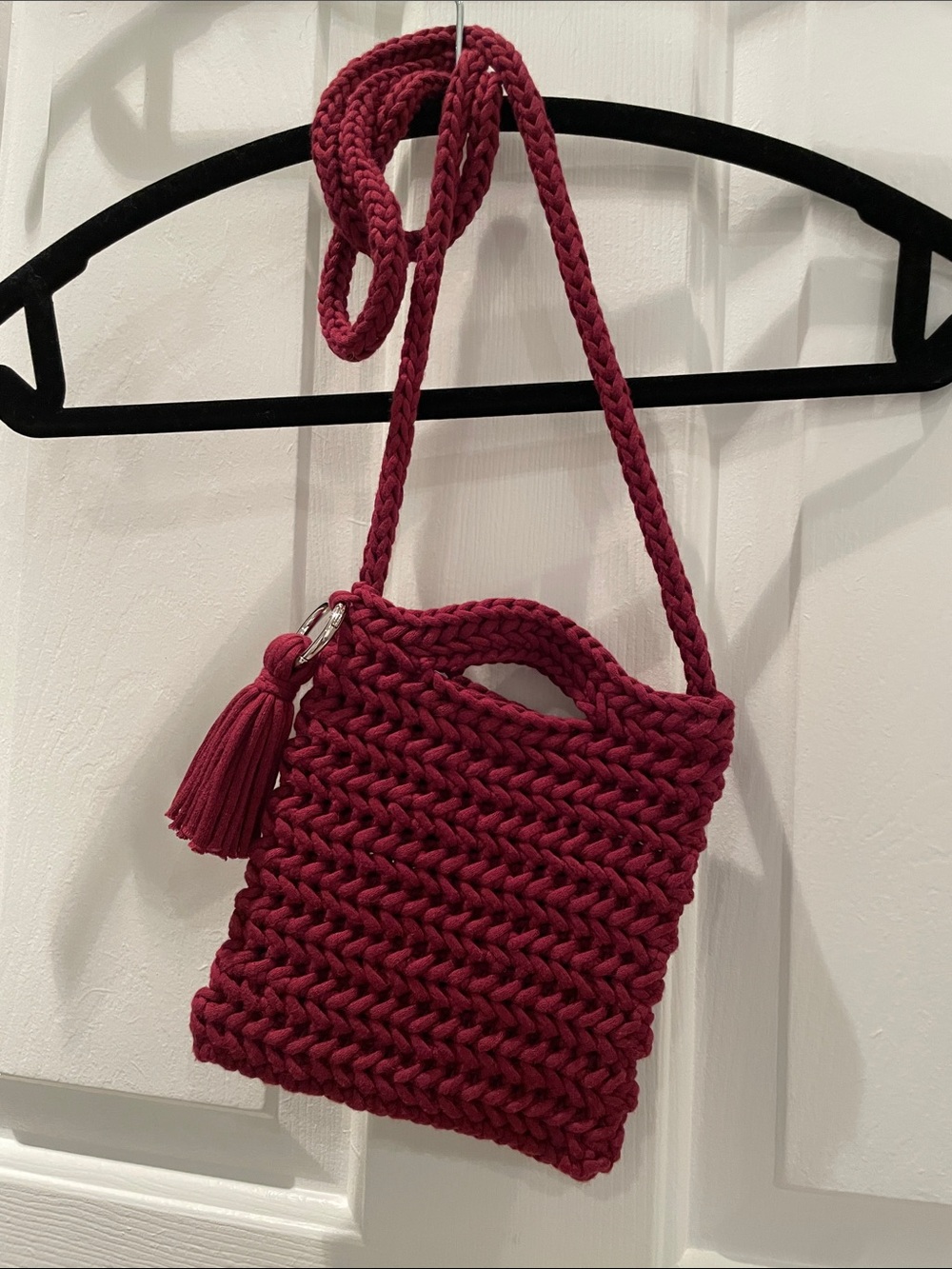 Hand Crocheted Herringbone Stitch Crossbody Bag in Deep Burgundy with Tassel